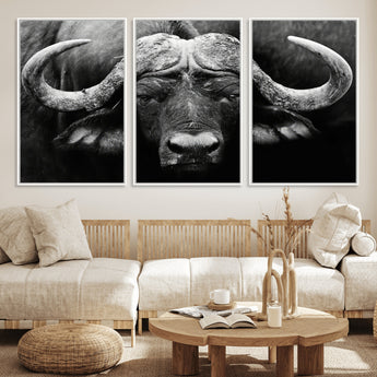 75273-MGV-FC-60X30-3P_White-Buffalo Wall Art – Black and White African Buffalo Canvas Print, Rustic Wildlife Animal Artwork for Farmhouse, Living Room,