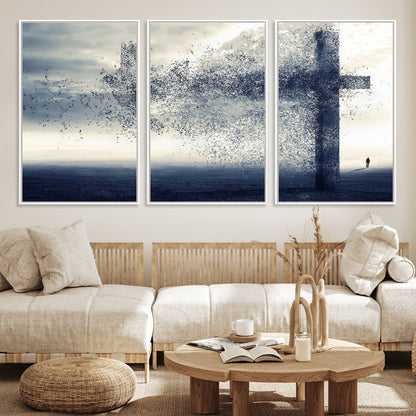 55718-MGV-FC-60X30-3P_White-Surreal Cross Wall Art – Spiritual Faith Canvas Print, Abstract Christian Artwork with Modern Religious Symbol for Living Room,