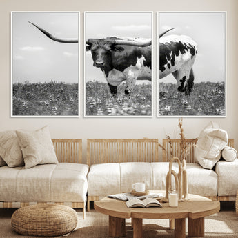 94709-MGV-FC-60X30-3P_White-Texas Longhorn Wall Art – Black and White Bull Photography Canvas Print, Western Farmhouse Wall Decor for Living Room, Office or