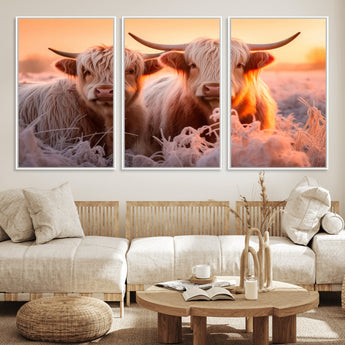 68253-MGV-CV-36X24-Highland Cow Wall Art – Rustic Farmhouse Cattle Canvas Print, Frosty Sunset Animal Artwork for Living Room, Bedroom or Country