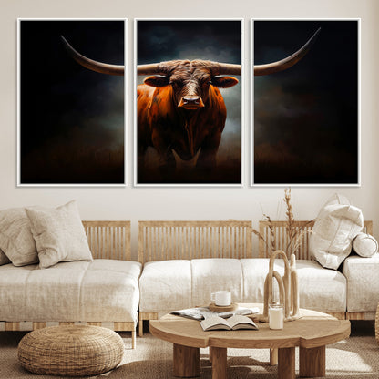 48896-MGV-FC-60X30-3P_White-Texas Longhorn Wall Art – Rustic Western Bull Canvas Print and Farmhouse Cattle Painting for Living Room, Ranch, or Office Decor .