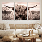 55903-MGV-FC-60X30-3P_White-Highland Cow Wall Art – Rustic Sepia Scottish Highland Bull Canvas Print, Farmhouse Country Animal Decor for Living Room, Bedroom