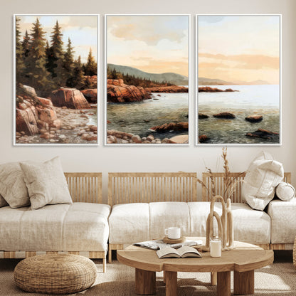 77145-MGV-CV-36X24-Coastal Landscape Wall Art – Panoramic Rocky Shoreline and Pine Trees Canvas Print, Rustic Nature Decor for Cabin, Lodge, Office,