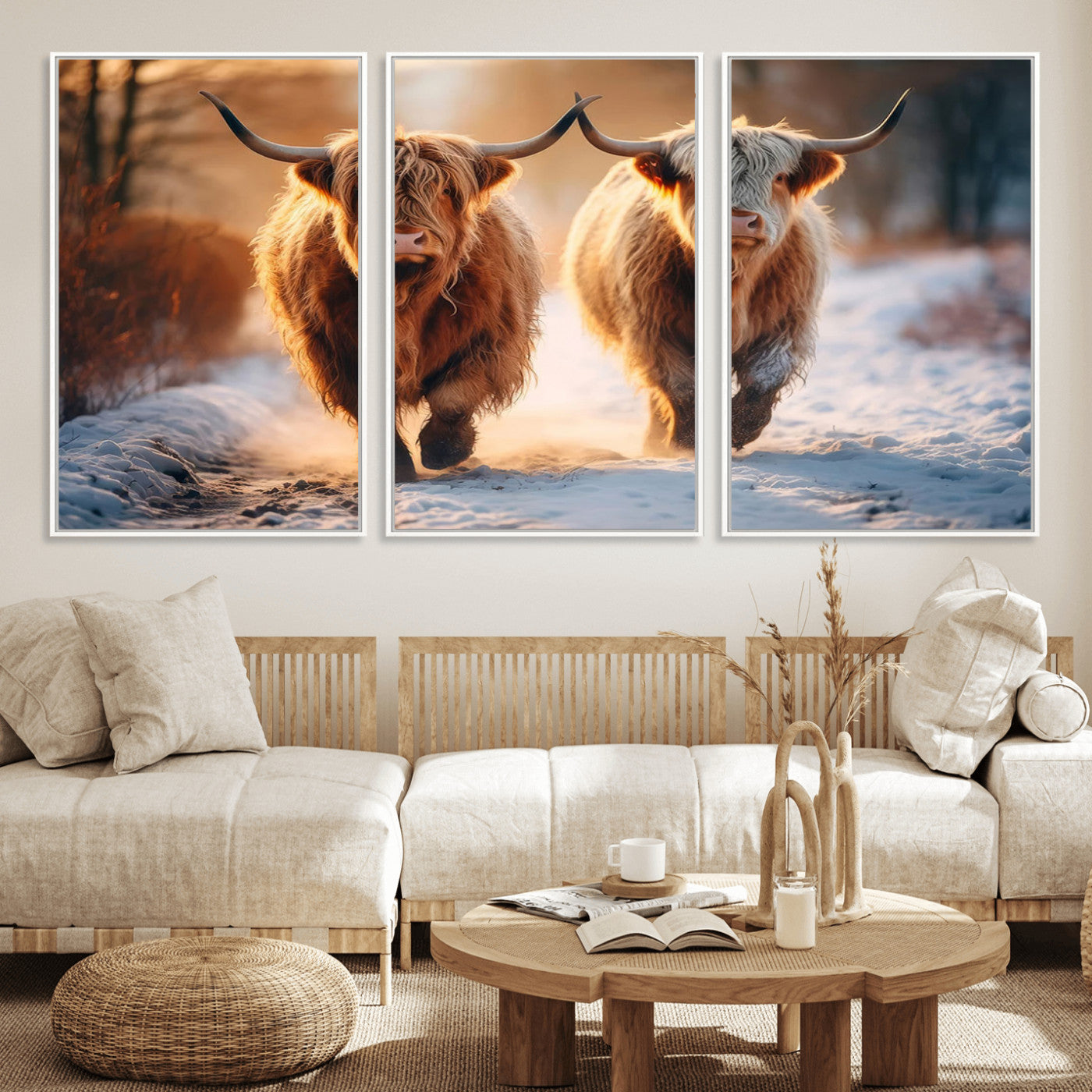 94810-MGV-FC-60X30-3P_White-Highland Cow Wall Art – Rustic Canvas Print Two Cattle Snow Path Sunset, Farmhouse Country Decor for Living Room, Bedroom, Office,