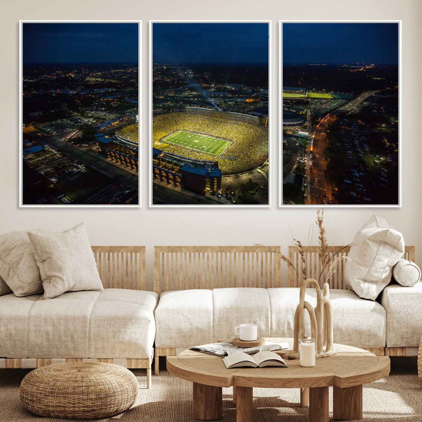 33588-MGV-CV-36X24-Football Stadium Wall Art – Aerial Night Game Canvas Print Packed Field City Lights, Sports Photography Decor for Game Room, Man