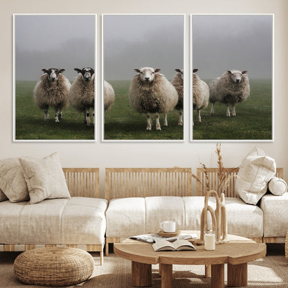 87339-MGV-CV-36X24-Sheep Wall Art – Rustic Farmhouse Canvas Print Flock Standing Misty Field Countryside Photography, Country Animal Decor for Living