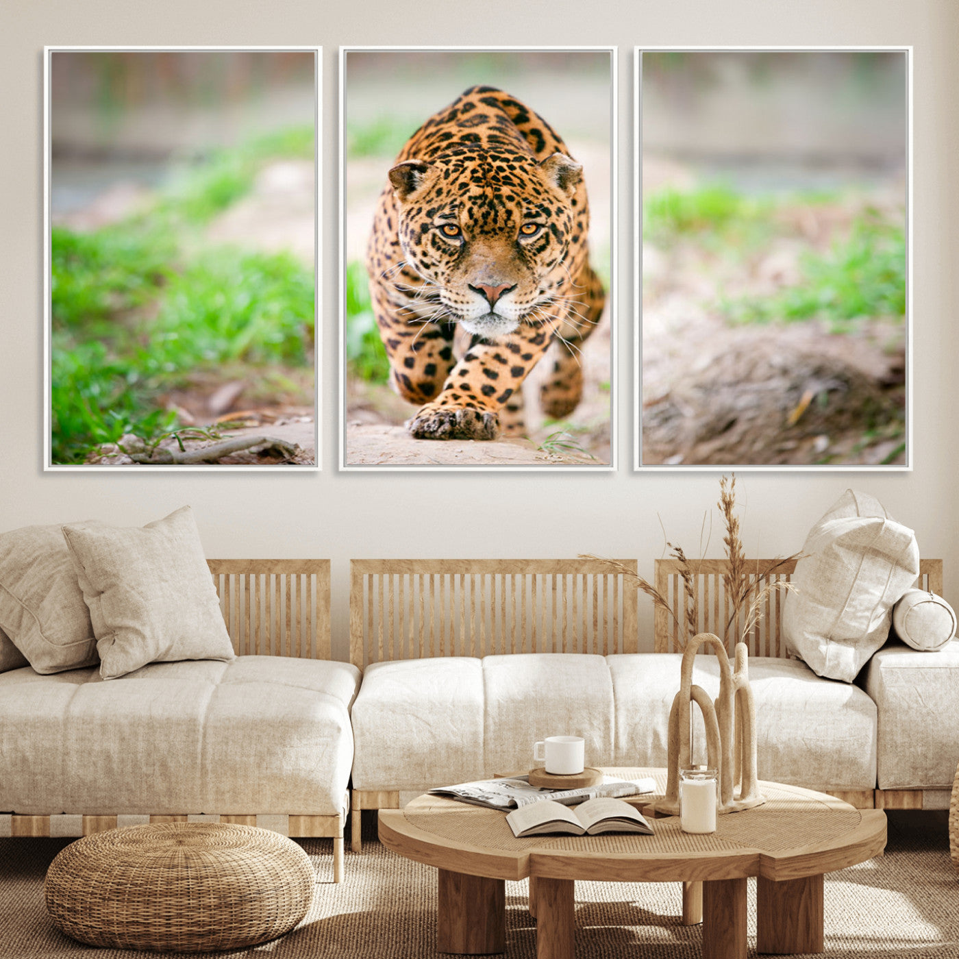 75066-MGV-FC-60X30-3P_White-Leopard Wall Art Canvas Print, Framed Wild Animal Art Picture Print, Blue Eye Leopard Perfect Wild Minimal Decor Artwork