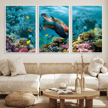 38661-MGV-FC-60X30-3P_White-Sea Turtle Wall Art Canvas Print, Framed Ocean Wildlife Art Picture Print, Turtle Perfect Coastal Nature Decor Artwork