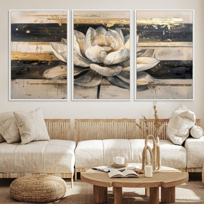 18807-MGV-FC-60X30-3P_White-Lotus Flower Wall Art Canvas Print, Framed Abstract Lotus Art Picture Print, White Lotus Flower Perfect Abstract Floral Decor