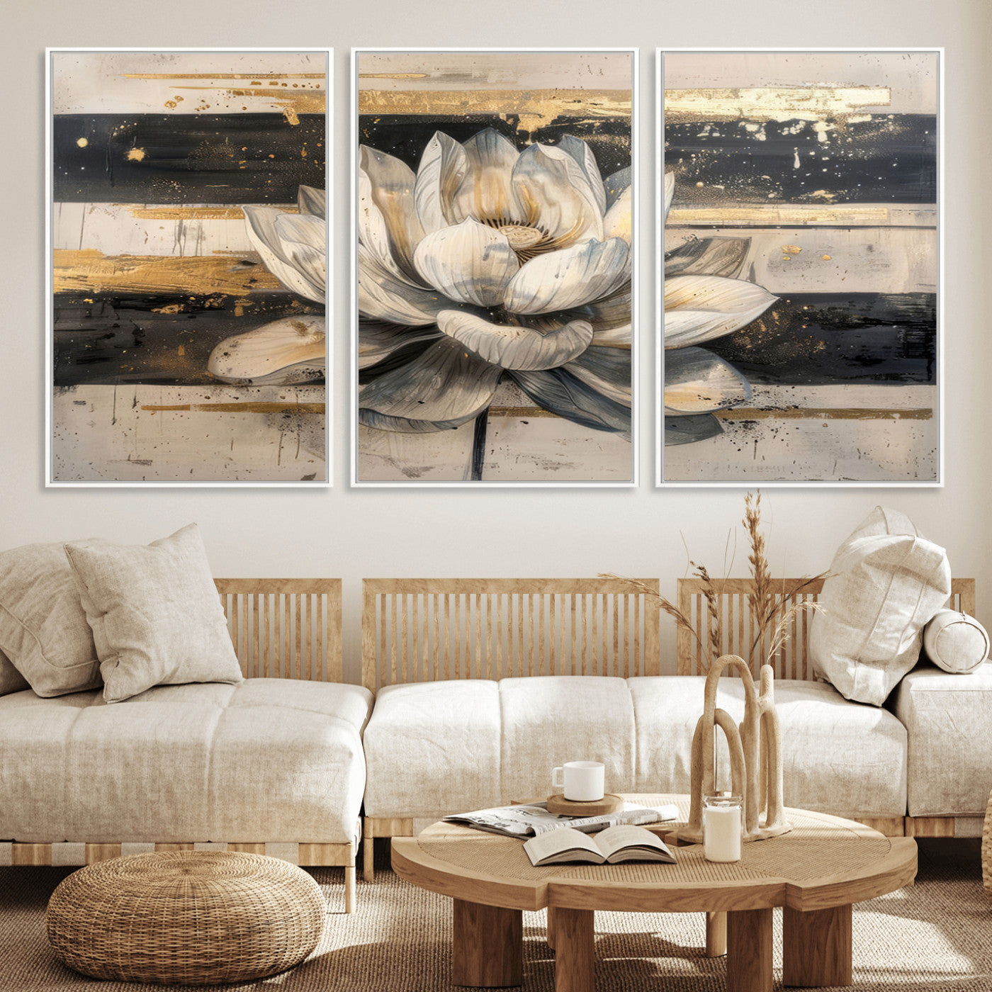 18807-MGV-CV-36X24-Lotus Flower Wall Art Canvas Print, Framed Abstract Lotus Art Picture Print, White Lotus Flower Perfect Abstract Floral Decor