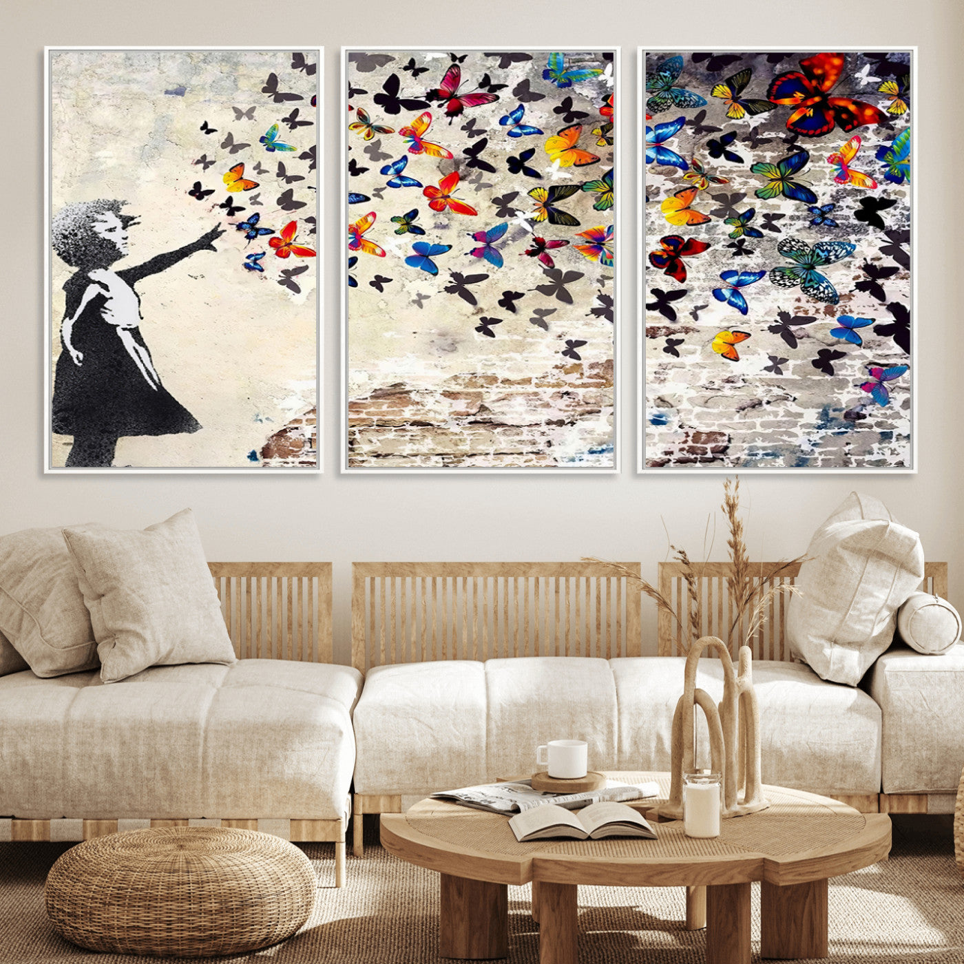 97895-MGV-FC-60X30-3P_White-Girl with Butterflies Wall Art – Colorful Street Art Style Canvas Print, Modern Graffiti-Inspired Butterfly Artwork for Living