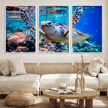 12683-MGV-CV-36X24-Sea Turtle Wall Art – Graceful Ocean Canvas Print with Coral Reef and Tropical Fish, Coastal Marine Life Decor for Beach House,
