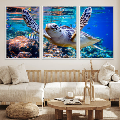 12683-MGV-CV-36X24-Sea Turtle Wall Art – Graceful Ocean Canvas Print with Coral Reef and Tropical Fish, Coastal Marine Life Decor for Beach House,