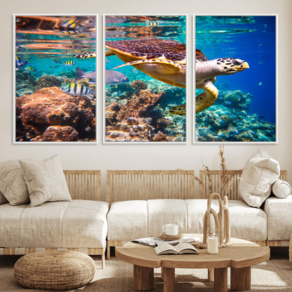 66614-MGV-FC-60X30-3P_White-Sea Turtle Wall Art – Hawksbill Turtle Swimming Over Coral Reef Canvas Print, Ocean Marine Life Decor for Beach House, Coastal