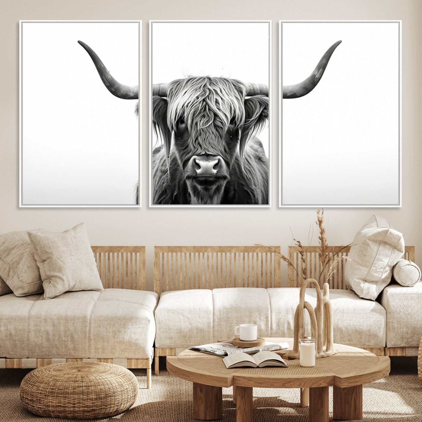 49556-MGV-FC-60X30-3P_White-Highland Cow Wall Art – Black and White Scottish Highland Cattle Print, Rustic Farmhouse Minimalist Animal Portrait Canvas for