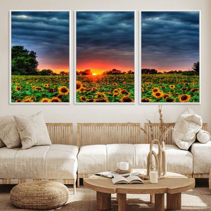45045-MGV-CV-36X24-Sunflower Field Sunset Wall Art – Dramatic Stormy Sky Landscape Print, Vibrant Yellow Floral Nature Canvas for Living Room,