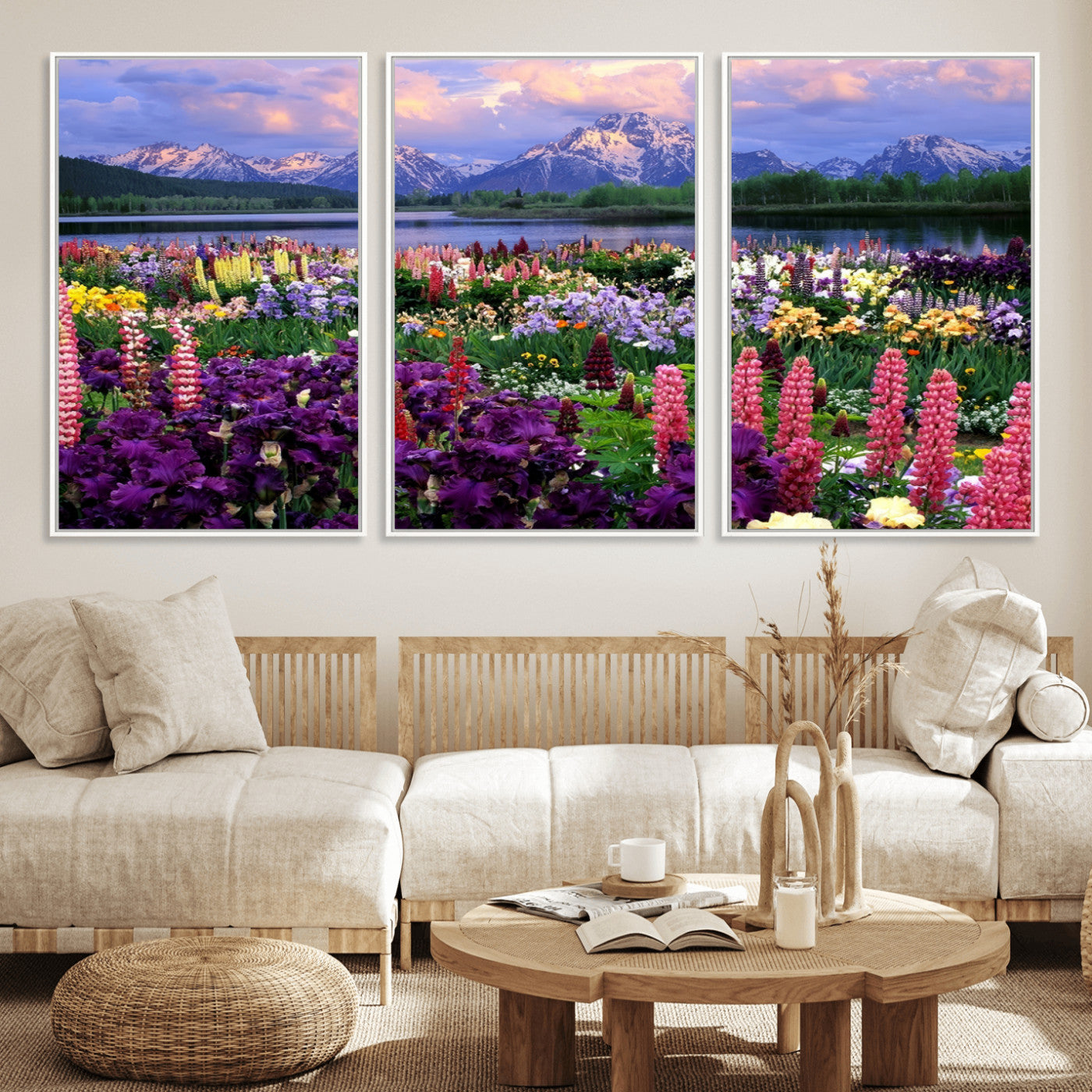 82270-MGV-FC-60X30-3P_White-Colorful Wildflower Meadow Landscape Wall Art – Snow-Capped Mountain Lake Sunset Print, Vibrant Nature Artwork for Living Room,