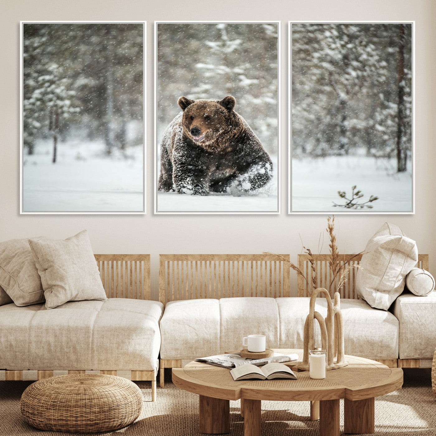 43350-MGV-FC-60X30-3P_White-Wild Bear in Snow Wall Art – Majestic Wildlife Photography Print, Winter Forest Nature Decor for Cabin, Lodge, Rustic Home,