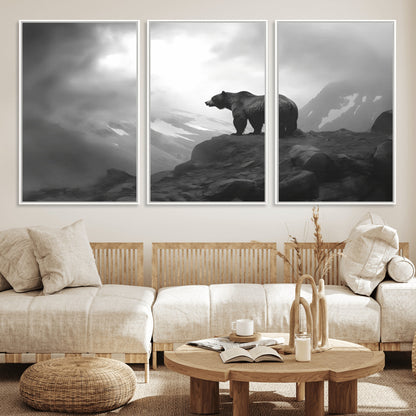 49504-MGV-FC-60X30-3P_White-Black and White Grizzly Bear Wall Art – Wilderness Wildlife Painting, Rustic Mountain Cabin Decor, Monochrome Animal Print for