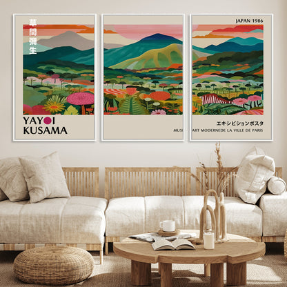 54215-MGV-FC-60X30-3P_White-Yayoi Kusama Wall Art – Panoramic Japanese Landscape Canvas Print, Modern Abstract Nature Decor for Office, Bedroom or Living Room