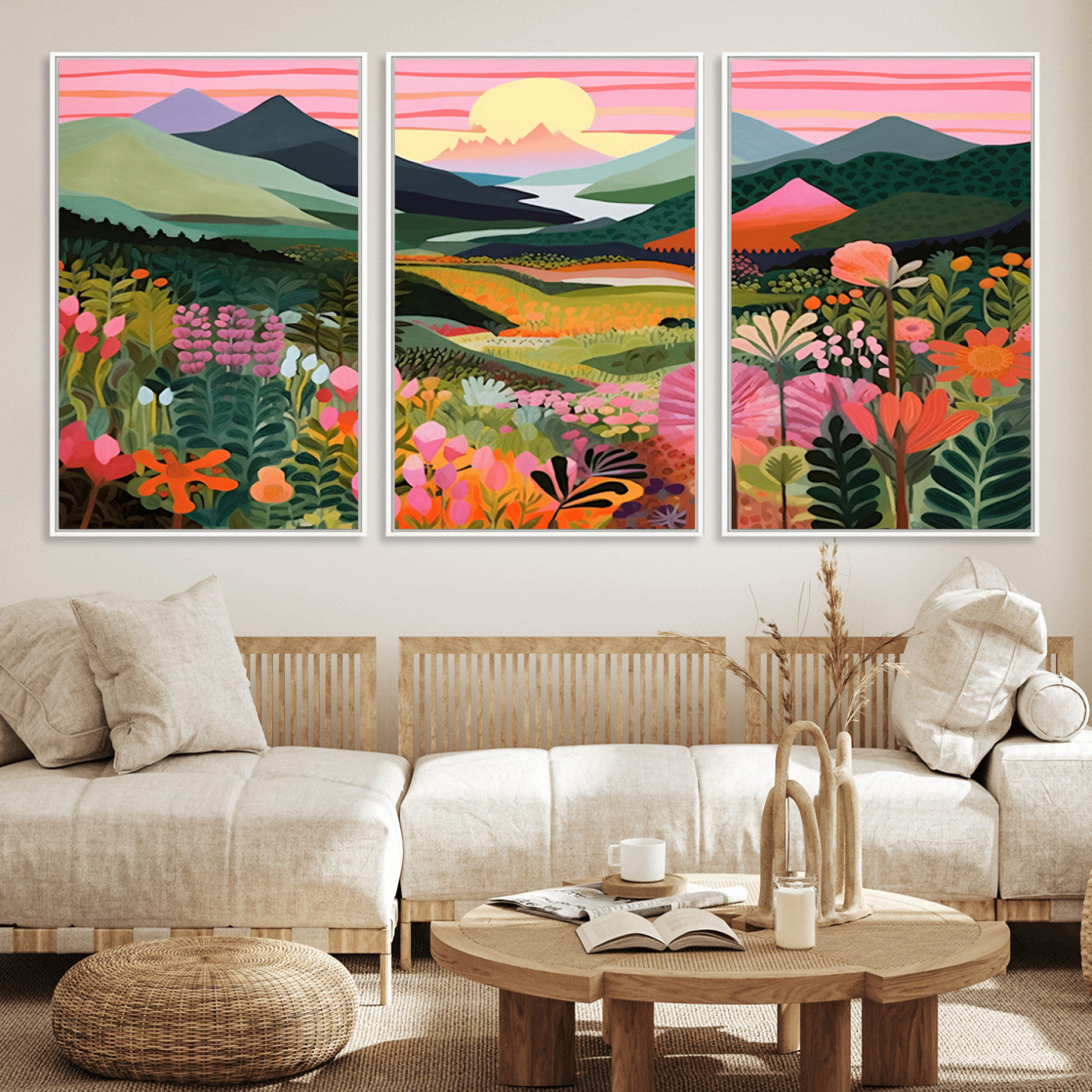 99638-MGV-FC-60X30-3P_White-Sunset Meadow Wall Art – Panoramic Mountain Landscape with Wildflowers Canvas Print, Vibrant Nature Decor for Living Room, Bedroom