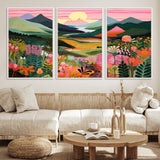 99638-MGV-FC-60X30-3P_White-Sunset Meadow Wall Art – Panoramic Mountain Landscape with Wildflowers Canvas Print, Vibrant Nature Decor for Living Room, Bedroom