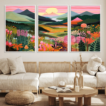 99638-MGV-FC-60X30-3P_White-Sunset Meadow Wall Art – Panoramic Mountain Landscape with Wildflowers Canvas Print, Vibrant Nature Decor for Living Room, Bedroom