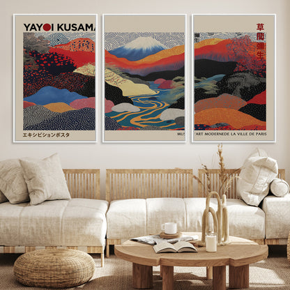 49228-MGV-FC-93X47-3P_Black-Kusama Wall Art – Vibrant Japanese Landscape Canvas Print, Modern Abstract Mountain and River Decor for Living Room, Office or Art