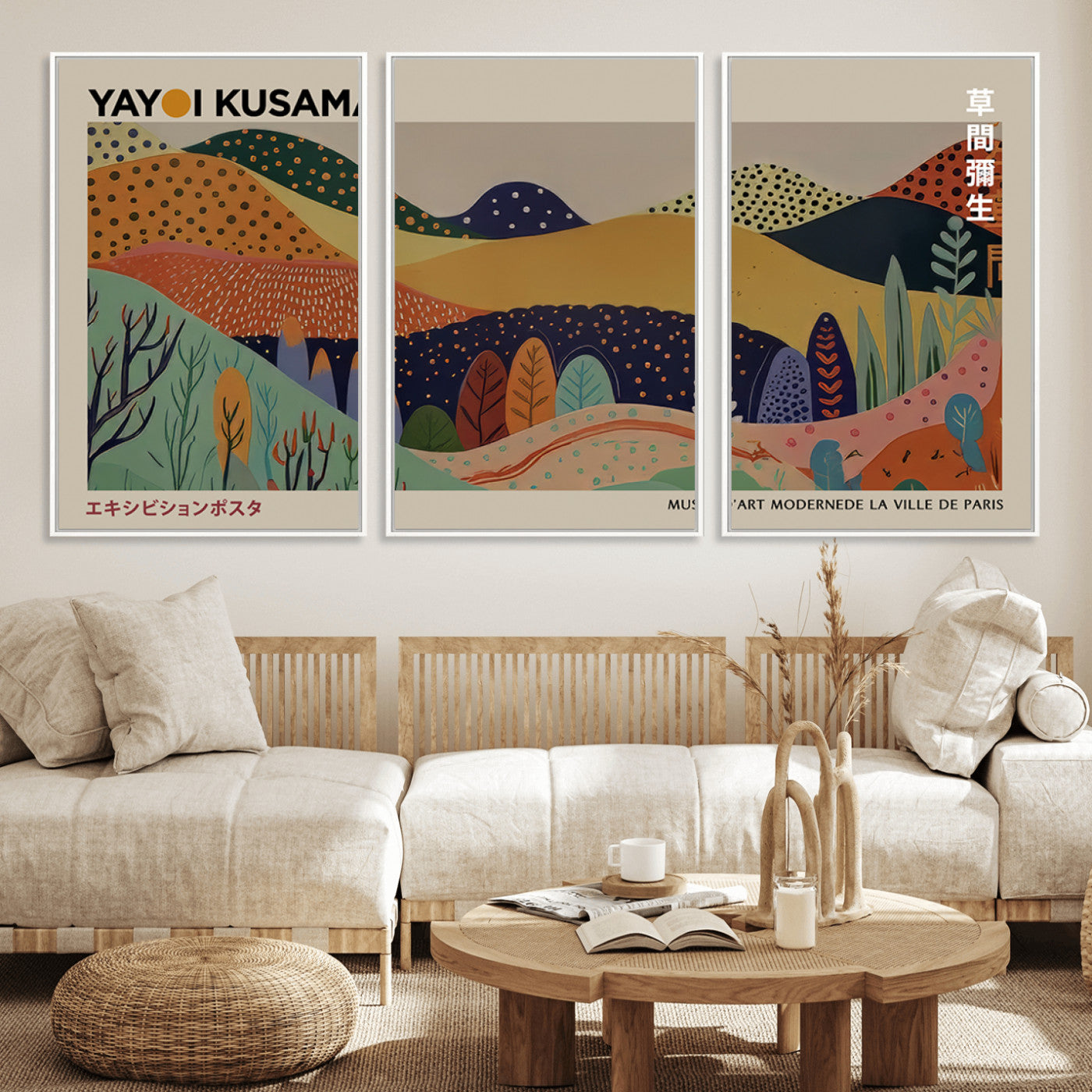 11242-MGV-CV-36X24-Kusama Wall Art – Abstract Colorful Hills Canvas Print, Modern Japanese Inspired Landscape Poster for Living Room, Office or