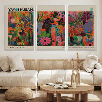 40791-MGV-FC-60X30-3P_White-Kusama Inspired Wall Art – Vibrant Abstract Floral Jungle Canvas Print, Bold Pop Art Botanical Decor for Living Room, Bedroom, or