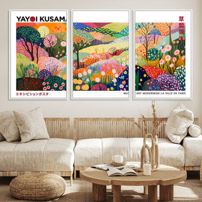 75201-MGV-FC-60X30-3P_White-Yayoi Kusama Floral Wall Art – Vibrant Abstract Landscape Canvas Print, Modern Pop Art Poster for Living Room, Bedroom, or Gallery