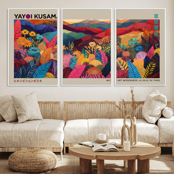 70959-MGV-FC-60X30-3P_White-Yayoi Kusama Inspired Wall Art – Bold Floral Landscape Canvas Print, Vibrant Modern Abstract Poster for Living Room, Bedroom, or