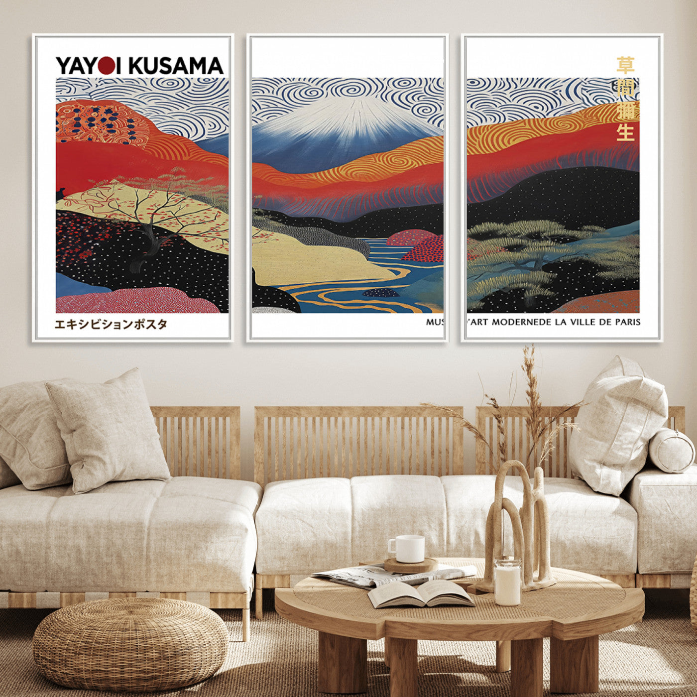 14839-MGV-FC-60X30-3P_White-Yayoi Kusama Wall Art – Panoramic Mountain & River Canvas Print, Modern Abstract Japanese Landscape Decor for Living Room or