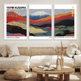 14839-MGV-FC-60X30-3P_White-Yayoi Kusama Wall Art – Panoramic Mountain & River Canvas Print, Modern Abstract Japanese Landscape Decor for Living Room or