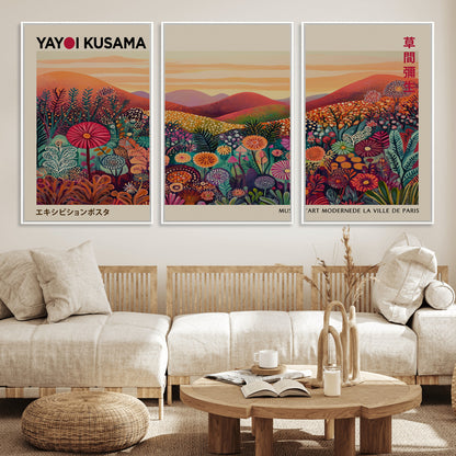 66096-MGV-FC-60X30-3P_White-Yayoi Kusama Wall Art – Sunset Floral Landscape Canvas Print, Vibrant Flower Garden Panorama for Living Room, Bedroom or Office