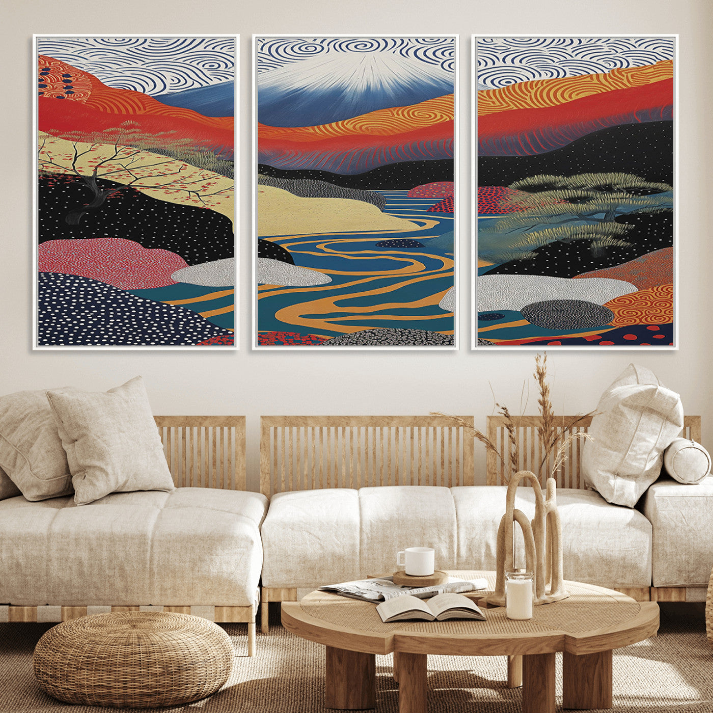 22313-MGV-FC-60X30-3P_White-Yayoi Kusama Wall Art – Abstract Mount Fuji Landscape Canvas Print, Vibrant Japanese Nature Scene with River, Mountains and Sky