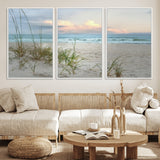 Test1001-MGV-FC-60X30-3P_White-Coastal Beach Wall Art – Panoramic Ocean Waves and Sandy Dunes Canvas Print, Serene Seascape with Sea Oats for Relaxing Home or