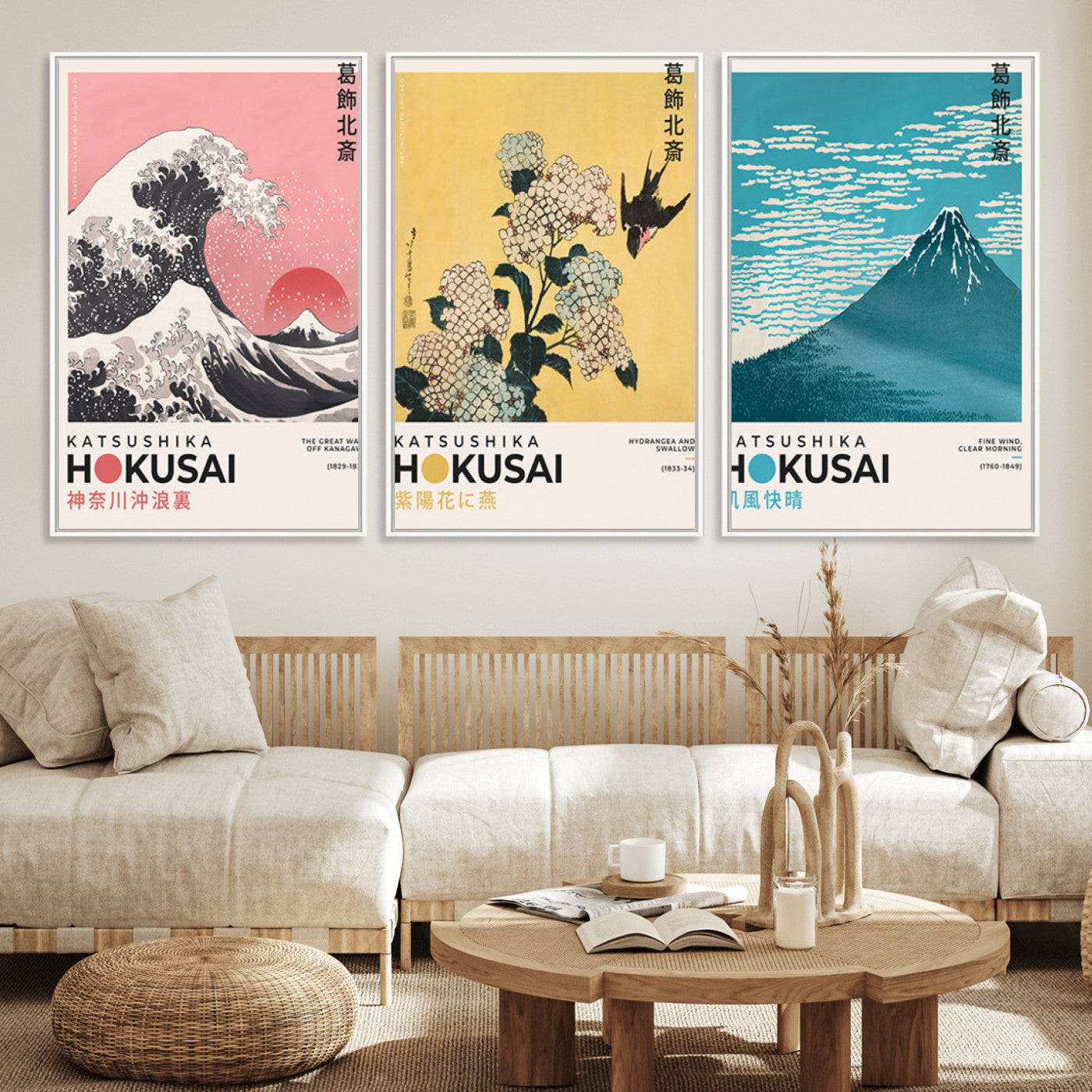 Katsushika-MGV-FC-60X30-3P_White-Katsushika Hokusai Wall Art Set – The Great Wave, Hydrangea and Swallow, Fine Wind Canvas Prints, Japanese Ukiyo e Style Home and