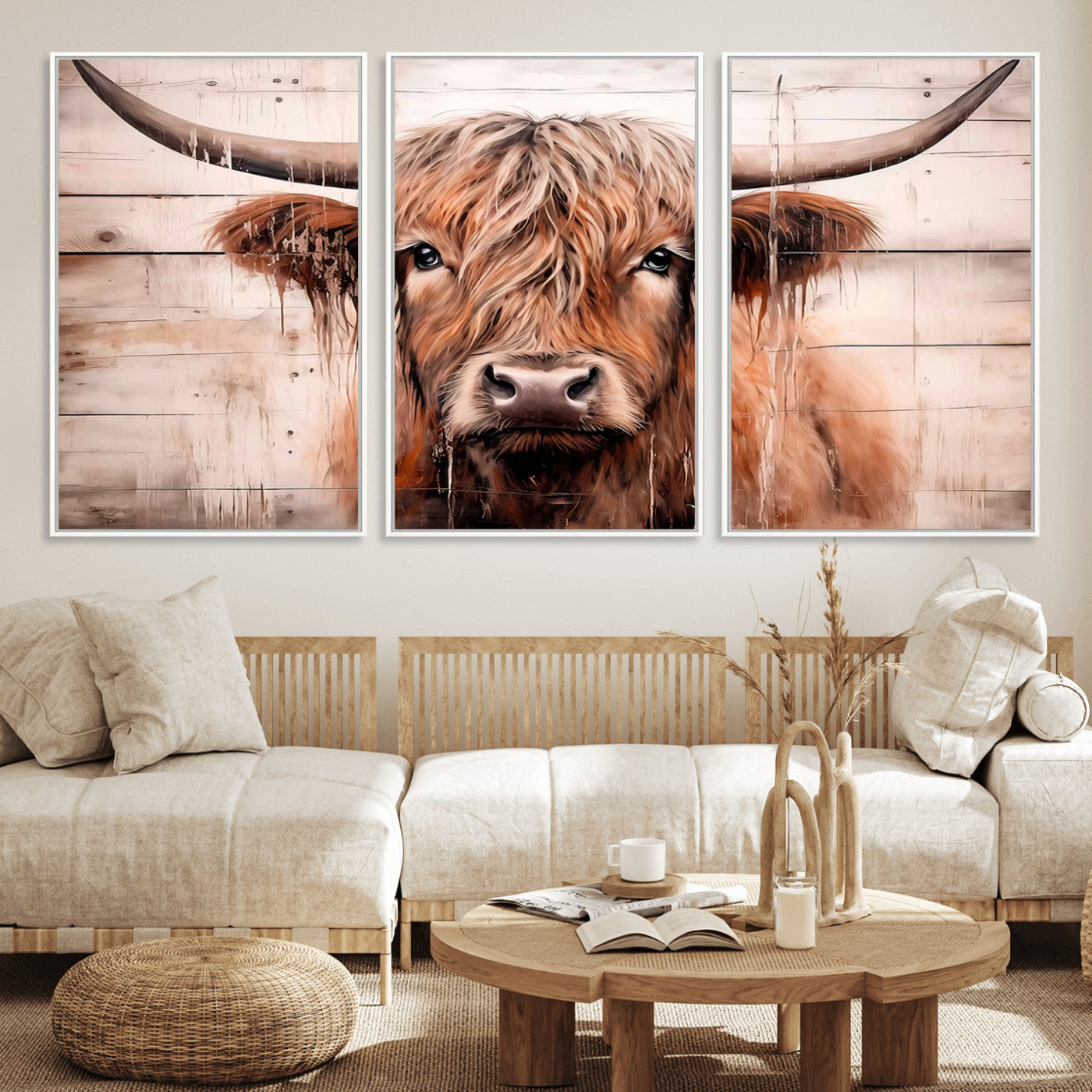 93730-MGV-FC-60X30-3P_White-Scottish Cow Wall Art Canvas Print, Framed Longhorn Cow Art Picture Print, Highland Cattle Perfect Rustic Farmhouse Decor Artwork