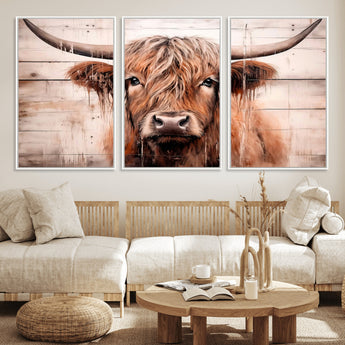 93730-MGV-FC-60X30-3P_White-Scottish Cow Wall Art Canvas Print, Framed Longhorn Cow Art Picture Print, Highland Cattle Perfect Rustic Farmhouse Decor Artwork