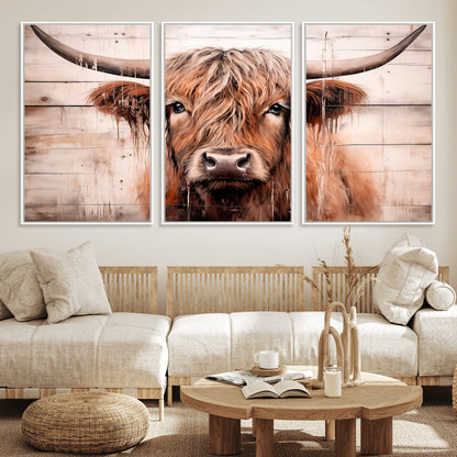 93730-MGV-FC-60X30-3P_White-Scottish Cow Wall Art Canvas Print, Framed Longhorn Cow Art Picture Print, Highland Cattle Perfect Rustic Farmhouse Decor Artwork