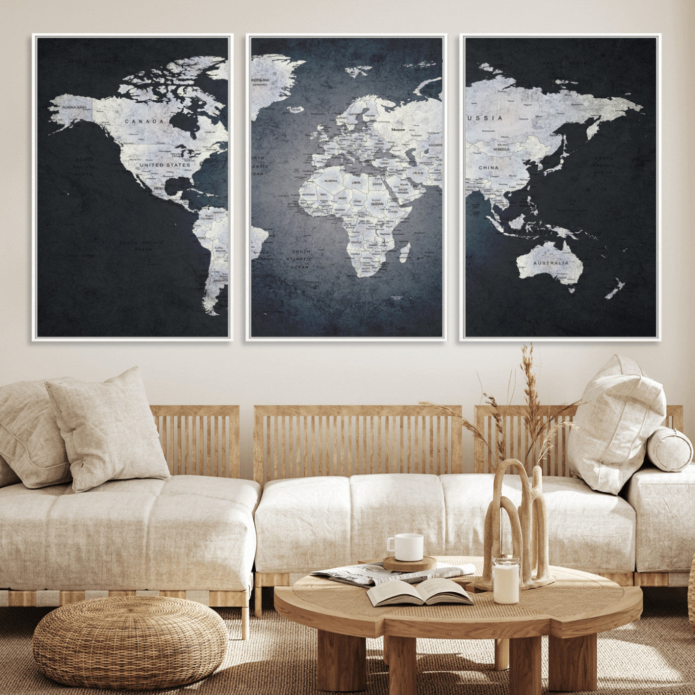 19124-MGV-CV-36X24-Modern World Map Wall Art – Black and White Canvas Print, Minimalist Global Map Decor for Office, Study, Bedroom or Living Room