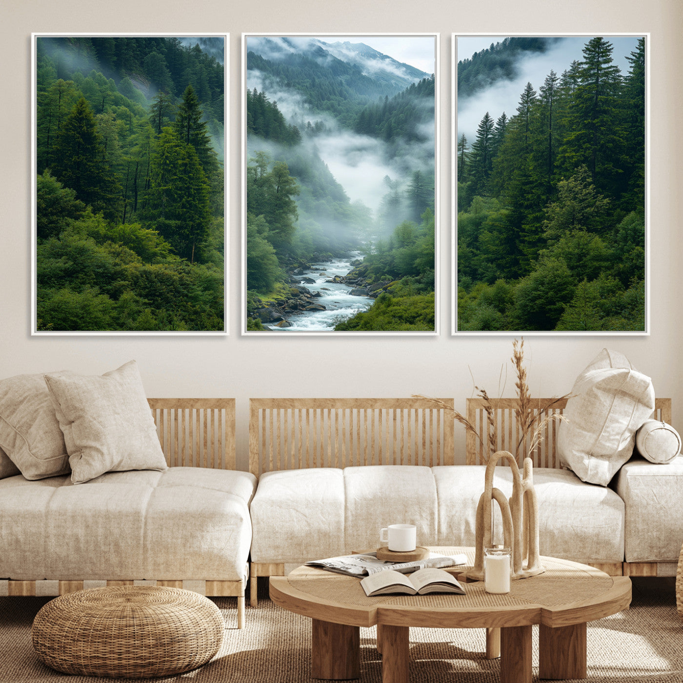 69453-MGV-FC-60X30-3P_White-Mountain Forest Wall Art – Misty River and Evergreen Landscape Canvas Print, Nature Photography Poster for Living Room, Bedroom,