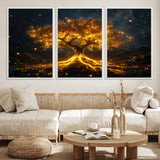 60194-MGV-FC-60X30-3P_White-Glowing Tree Wall Art – Golden Roots Fantasy Canvas Print, Mystical Illuminated Tree Painting Poster for Living Room, Bedroom,