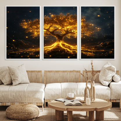 60194-MGV-FC-60X30-3P_White-Glowing Tree Wall Art – Golden Roots Fantasy Canvas Print, Mystical Illuminated Tree Painting Poster for Living Room, Bedroom,