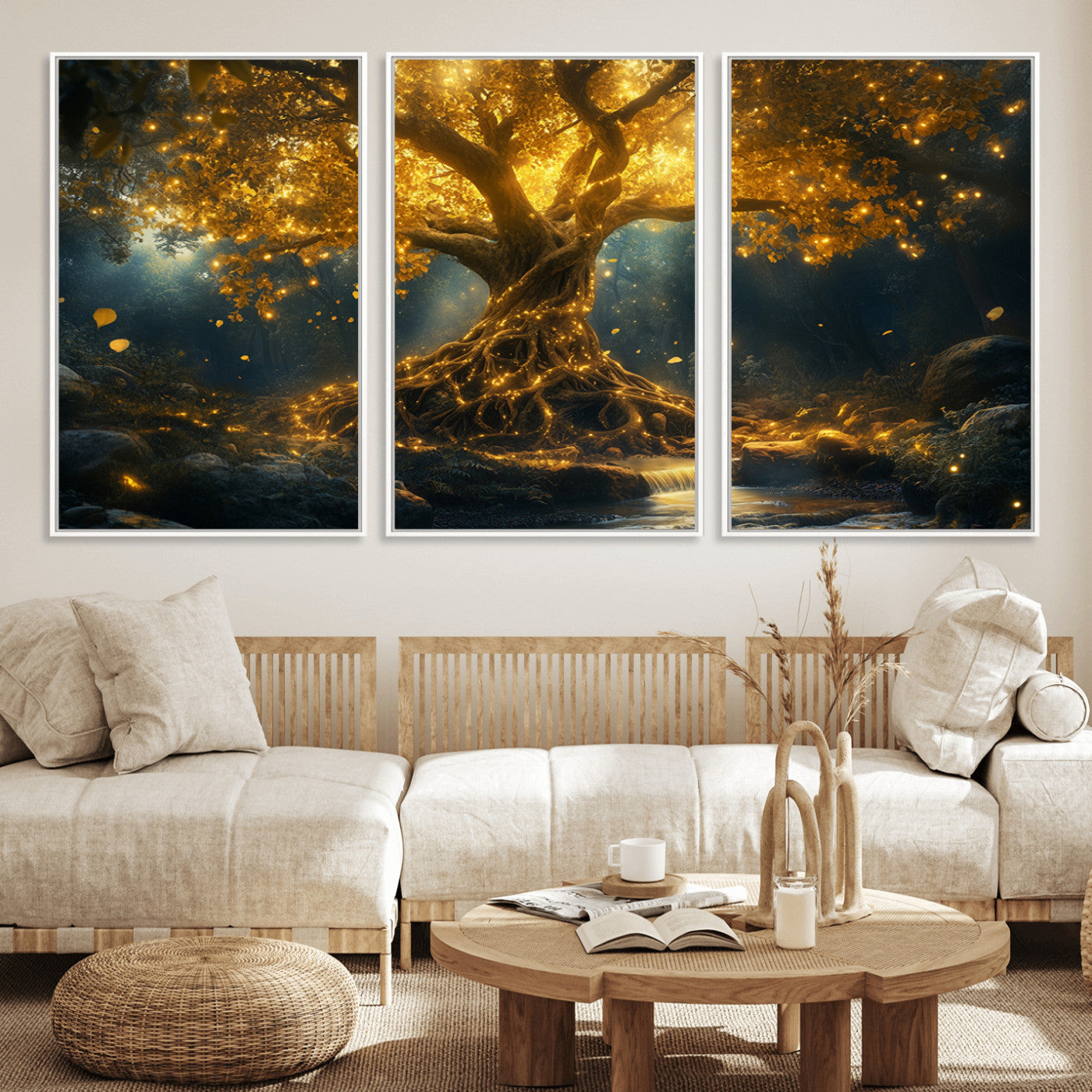 92739-MGV-CV-36X24-Glowing Tree Wall Art – Enchanted Golden Forest Canvas Print, Mystical Illuminated Nature Painting Poster for Living Room,
