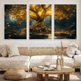 92739-MGV-CV-36X24-Glowing Tree Wall Art – Enchanted Golden Forest Canvas Print, Mystical Illuminated Nature Painting Poster for Living Room,