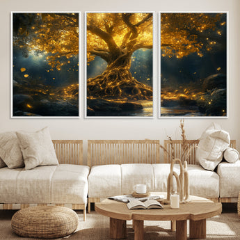 92739-MGV-CV-36X24-Glowing Tree Wall Art – Enchanted Golden Forest Canvas Print, Mystical Illuminated Nature Painting Poster for Living Room,