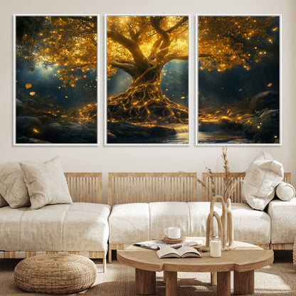 92739-MGV-CV-36X24-Glowing Tree Wall Art – Enchanted Golden Forest Canvas Print, Mystical Illuminated Nature Painting Poster for Living Room,