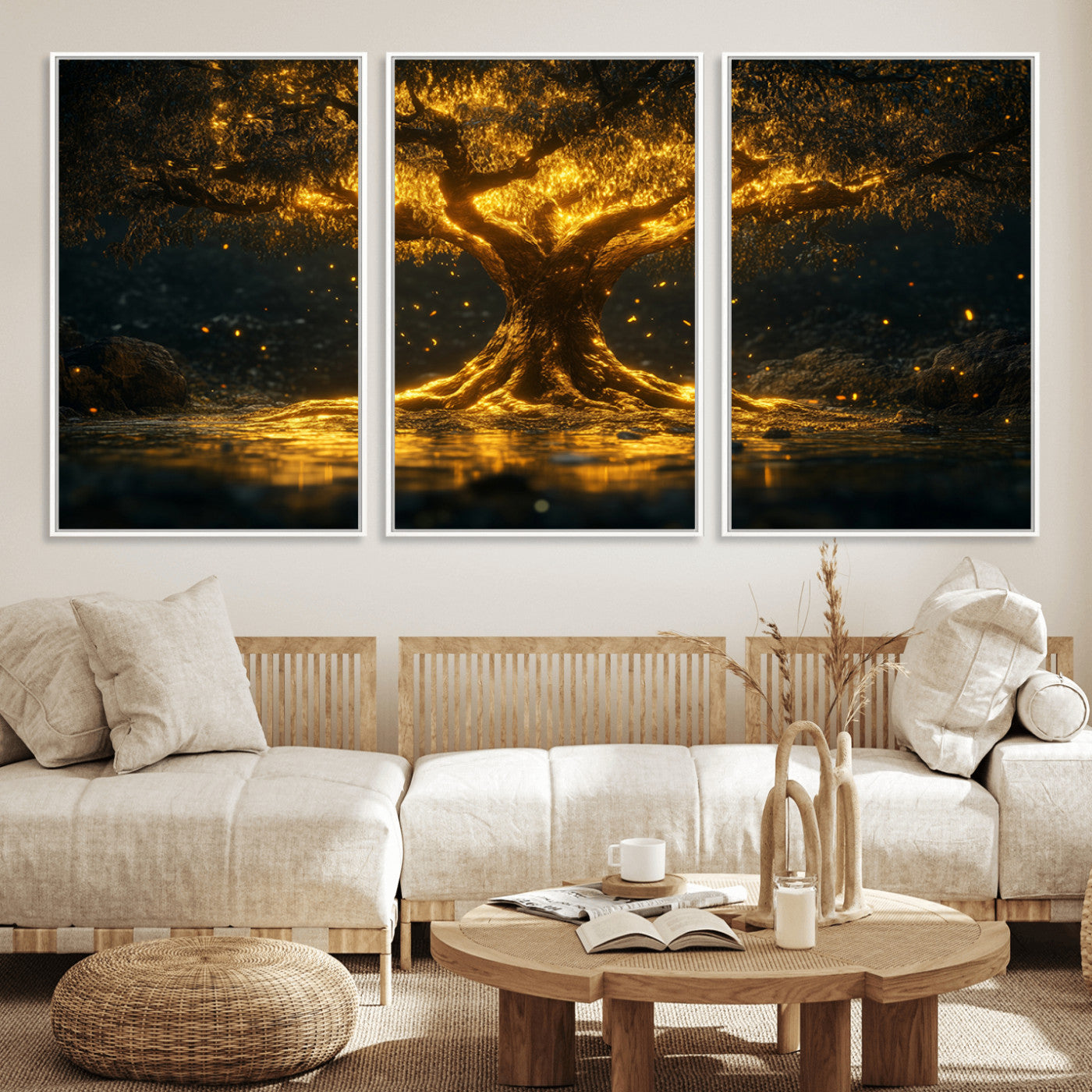 59580-MGV-FC-60X30-3P_White-Glowing Tree Wall Art – Golden Fantasy Nature Canvas Print, Mystical Illuminated Tree Painting Poster for Living Room, Bedroom,
